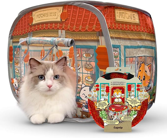 Capnip Cat House & Tent for Indoor Cats – Pop-Up Cat Tent House with Catnip Toy, Restaurant Theme for Cats & Kittens, Mochi’s Dim Sum Palace