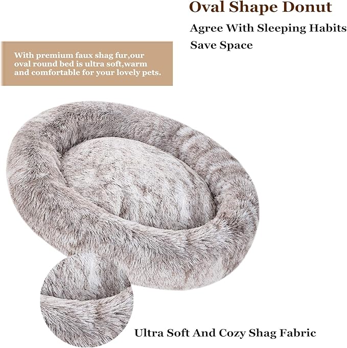 Coohom Oval Calming Donut Cuddler Dog Bed,Shag Faux Fur Cat Bed Washable Round Pillow Pet Bed(30"/36"/43") for Small Medium Dogs (XXL(43"x34"x8"), Light Brown)