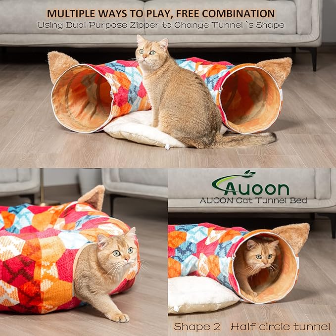 AUOON Cute Cat Donut Tunnel - Interactive Cat Tunnel Bed for Indoor Cats Kitten Kitty Puppy Rabbit Ferret (Orange)