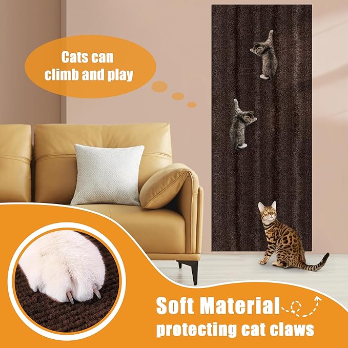cat Scratching mat Self-Adhesive, Trimmable Furniture Protector for Couch, Sofa, Wall & Cat Trees - Durable Scratch Pad with Nano Tape, DIY Climbing Carpet for Indoor Cats (Brown, 39.3"x15.8")