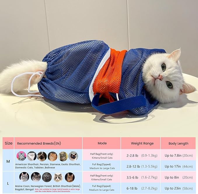 Cinf Cat Bathing Bag, Breathable Mesh Anti Scratch Adjustable Cat Grooming Bag for Nail Trimming, Bathing Soft Cat Washing Bag(Orange Blue) M