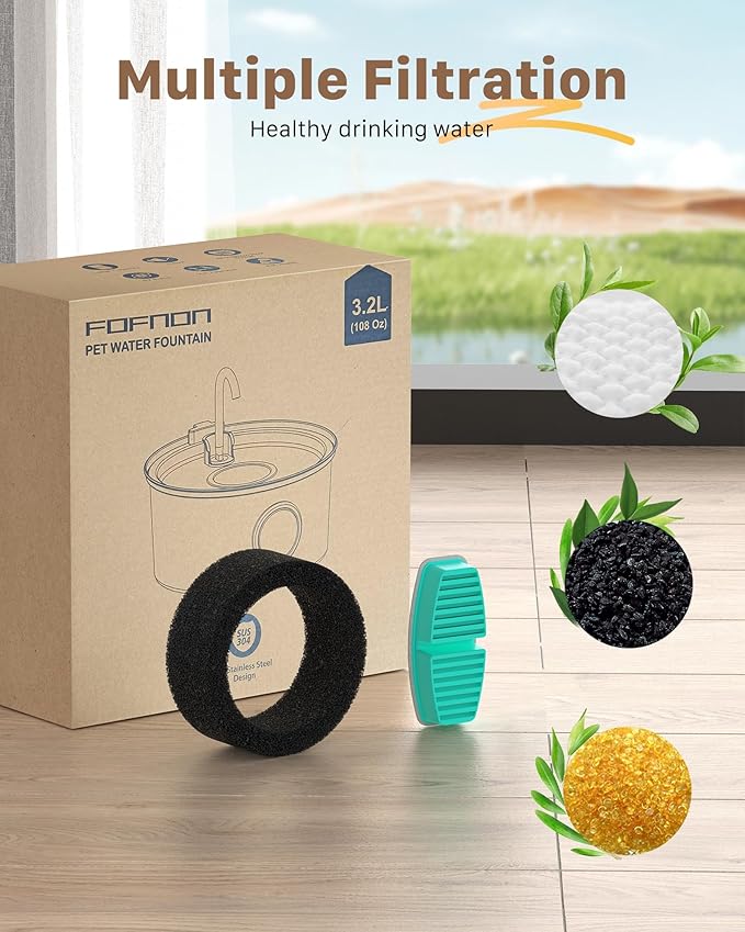 Stainless Steel Cat Fountain - 108oz/3.2L Pet Fountain for Cats Indoor - Quiet - Contains 8 Filters + 8 Sponges