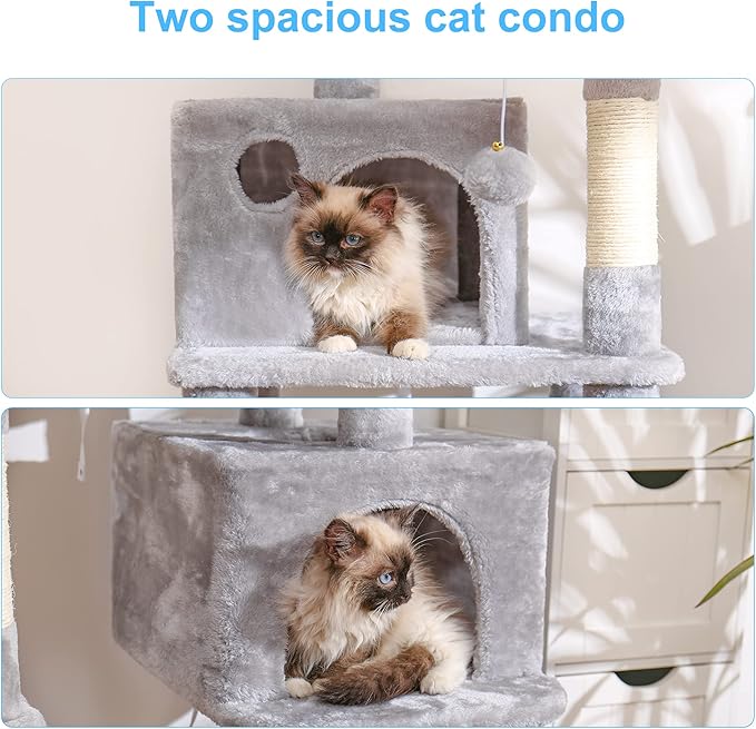 Hey-brother Multi-Level Cat Tree Condo Furniture with Sisal-Covered Scratching Posts, 2 Plush Condos, Perch Hammock for Kittens, Cats and Pets, Light Gray MPJ020-SW