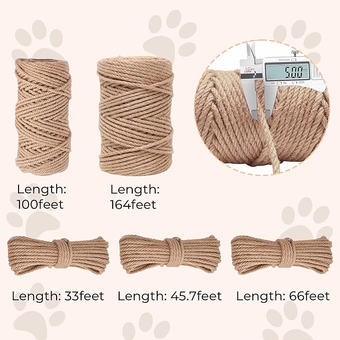 Nature Hemp Rope,sisal Rope for cat Scratcher,Rope for cat Scratch Post，cat Scratching Post Replacement,Cat Scratcher Replacement Rope Heavy Duty Jute Twine for Cat Tree and Tower, DIY (1/4inch,33FT)