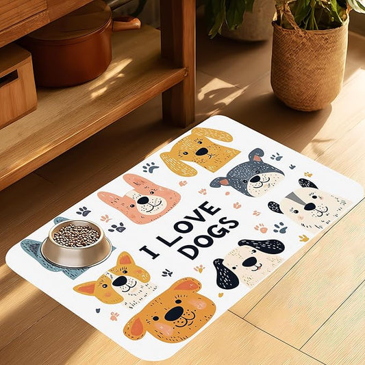 Cute Dogs Pet Cat Dog Food Mat-Absorbent Quick Dry Feeding Placemat for Water and Food, No Stains Rubber Base Mat for Indoor Use, Pet Accessories 16"x24"