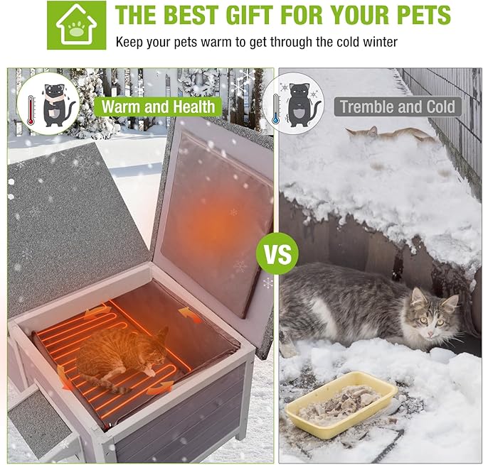 GUTINNEEN Heated Cat House with Insulated Liner Outdoor Cat House Weatherproof Cat Shelter with Heater Feral Cat House for Winter