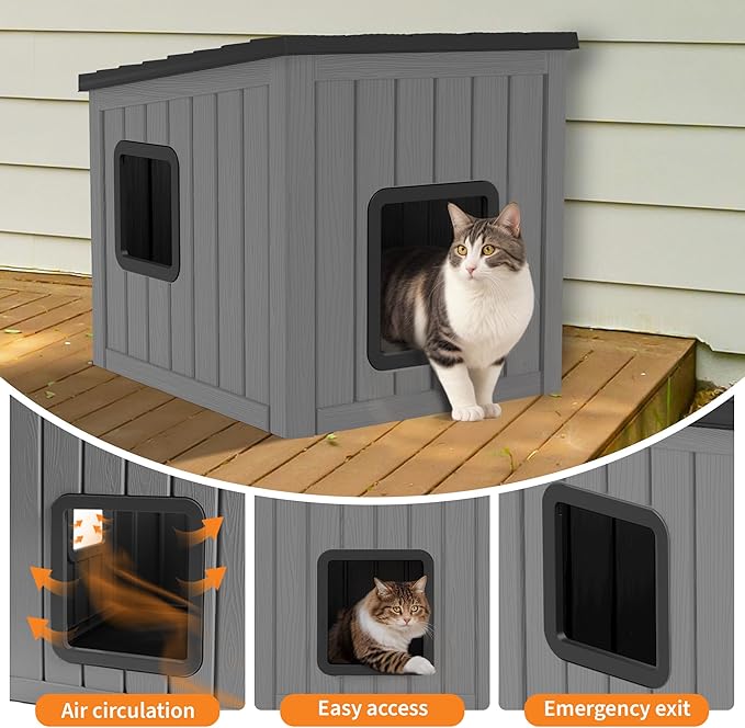 NUNU Outdoor Cat House – Weatherproof & UV Resistant PP Material Shelter with Sloped Asphalt Roof, Durable Cat Condo for Garden, Patio, and Backyard (Black, Large)