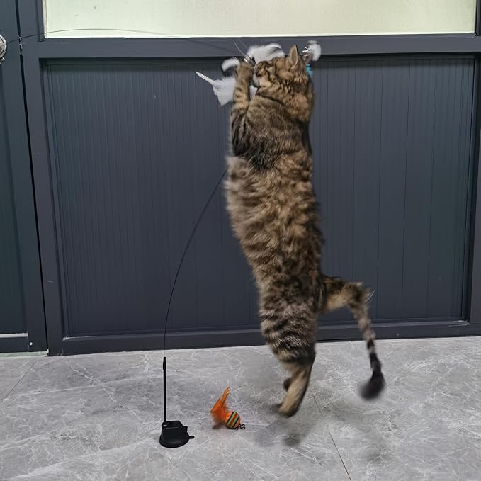 Interactive Cat Feather Toy with Super Suction Cup & Bonus Double-Sided Nano Adhesive – 3 Replaceable Feathers, Bell & Spring Wand – Fun Exercise for Indoor Cats & Kittens (Fly Bird Blue)