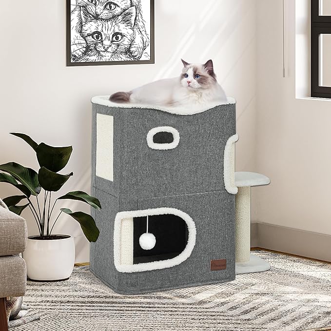 YITAHOME 2-Tier Cat House, Indoor Cat Cave Bed Playhouse, Cat Tunnels with Scratch Pad and Hideaway Cube, Cute Modern Cat Condo Furniture for Multi Small Cats, Extended (Grey)