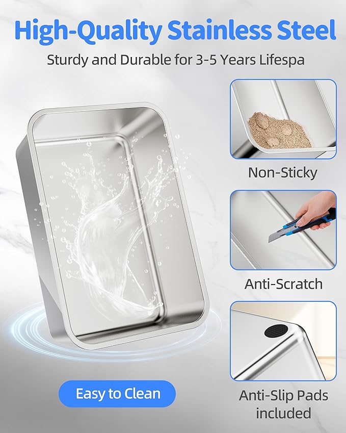 Stainless Steel Litter Box Set- [4-in-1] Cat Litter Box with Litter Scoop, Brush, Cat Wands, Non-Sticky Metal Litter Box for Cat, Kitty, Rabbit, Odorless, Easy Clean (17.7“ x 13.8" x 6",2 Pack)