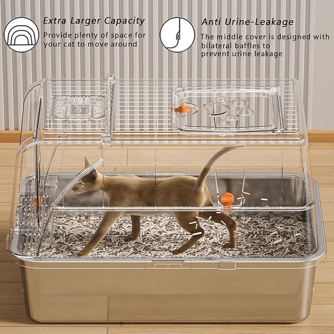 Stainless Steel Litter Box with Lid, 180° Flip-Top Extra Large Enclosed Litter Box, Anti-Leakage Covered Cat Litter Pan with Litter Scoop, Filter Pedal, Odor Free, Front and Top Dual Entry