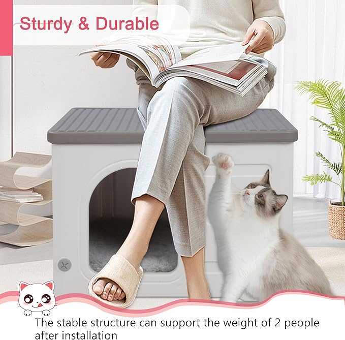 Plastic Cat House Outdoor & Indoor, Waterproof Feral Cat Houses with Escape Door, Sturdy Outdoor Cat House with Bed Mat, Outside Cat Shelter for Small Pet, Assemble and Clean Easily-Grey