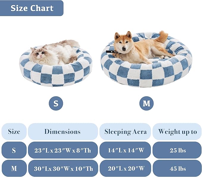 Checkered Dog Bed, Cute Blue Retro Style Aesthetic Round Warming Pet Calming Beds for Small Dog and Cats, Plush Cozy Donut Dog Beds Washable, 30" L x 30" W x 8" Th