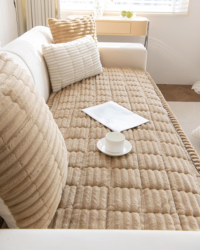 Faux Fur Plush Dog Couch Cover 3D Stripe Fuzzy Sofa Cover Non-Slip Fluffy Dog Bed Cover Pet Blanket Sofa Couch Furniture Protector for Puppy Large Dog Cat (Coffee,31"x82")