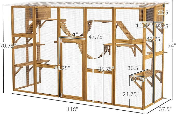 PawHut Catio Outdoor Cat Enclosure Window, Outdoor Cat House with Weather Protection Roof for Multiple Kitties, Wooden Frame, Shelves & Bridges, 118" x 37.5" x 74", Yellow