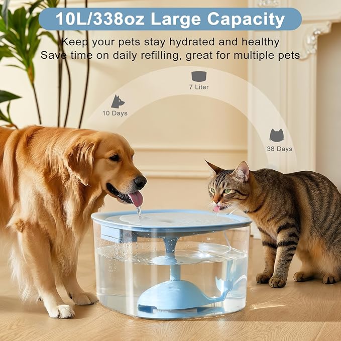 Dog Water Fountain for Medium Large Dogs, 10L/338oz Automatic Cat Water Fountain with Multi-Filtration & Deeper Drinking Area, Ultra-Quiet Dog Water Bowl Dispenser, Great for Multi-Pet Home