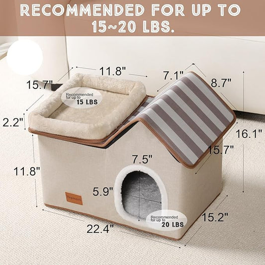 Topmart Cat House with Cat Bed, Large Indoor Condo, 2-in-1 Pet Bed for Kitten and Small Cat, Beige, Grey