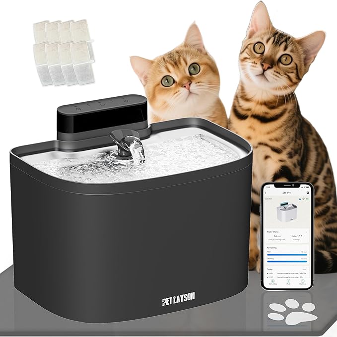 PET LAYSON Pumpless Cat Water Fountain,App Remote Control Smart Cordless Battery Operated 3.6L/122oz Wireless 2.4GHz Wi-Fi Networks Rechargeable Water Dispenser (Black, M1Pro-8 Filter)