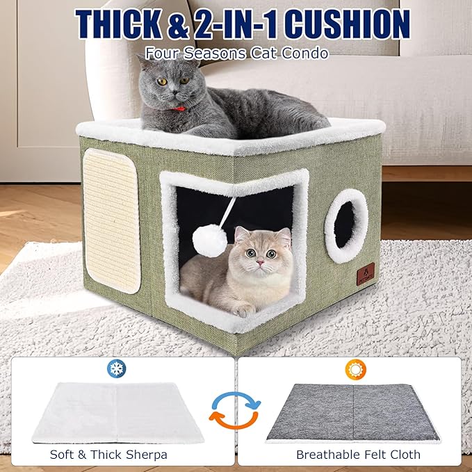 Cat Beds for Indoor Cats, Large Cat Cave Bed with Scratch Pad and Fluffy Ball, Foldable Cat Hideaway, Cat House with Reversible Cushion for Multi Small Pet Up to 30LBS, Green