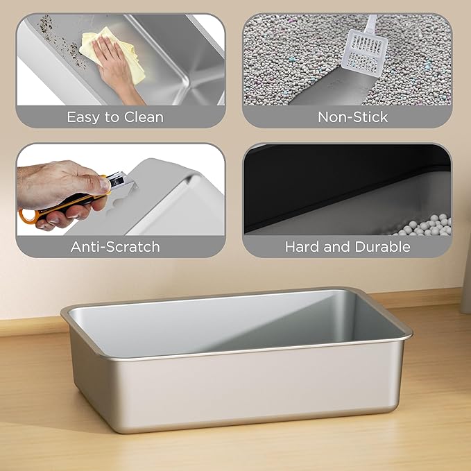 Citylife Stainless Steel Cat Litter Box with Lid, Front & Top Entry Extra Large Metal Kitty Litter Box Enclosure with Scoop & Double Layer Mat, Anti-Leakage, Non-Sticky, Black