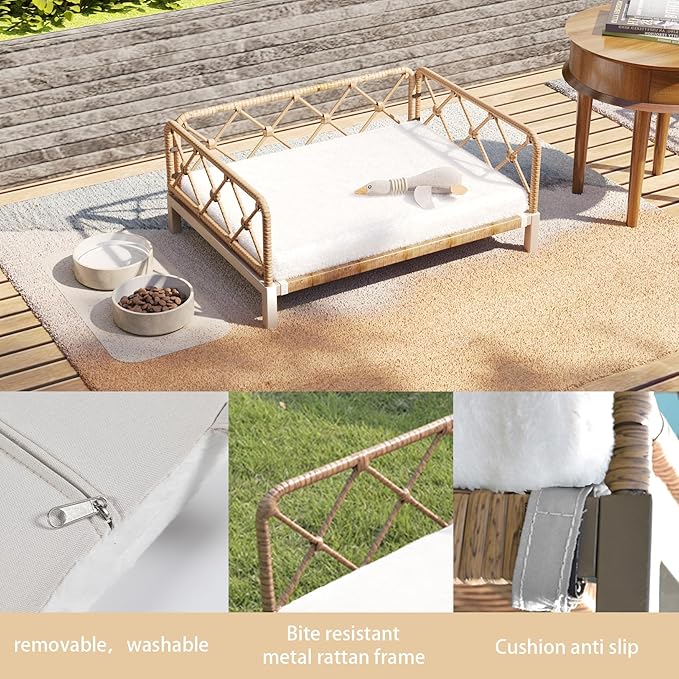 Outdoor Wicker Dog Bed Indoor Rattan Dog Sofa with Soft Cushion (Brown Wicker/White Cushion, Small)