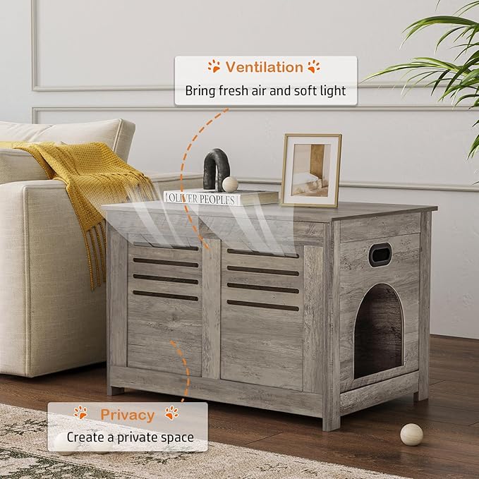 DINZI LVJ Litter Box Enclosure, Flip Top Litter Box Furniture, Good Ventilation, Hidden Cat Washroom, 27.6" L x 19.7" W x 19.7" H, Entrance Can Be on Left or Right, Wooden Cat House, Gray Wash