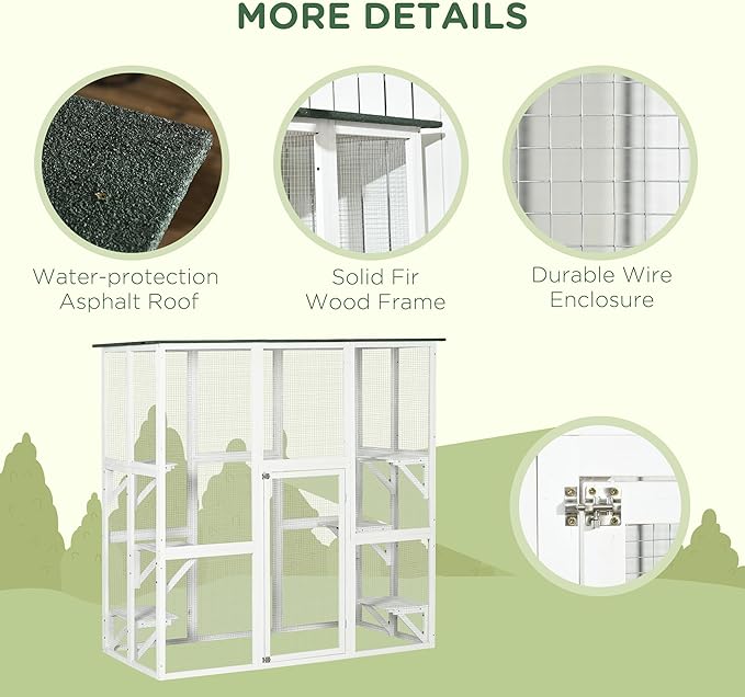 PawHut Outdoor Cat House Big Catio Wooden Feral Cat Shelter Enclosure with Large Spacious Interior, 6 High Ledges, Weather Protection Asphalt Roof, 71" L, White
