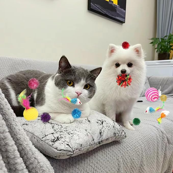 38pcs Multi-Sensory Cat Toys - Spiral Spring & Crinkle Balls Kit with Feather Mice, Bells + Sisal/Ping-Pong Balls - Interactive Play Bundle for Indoor Cats/Kittens (Small-Medium)