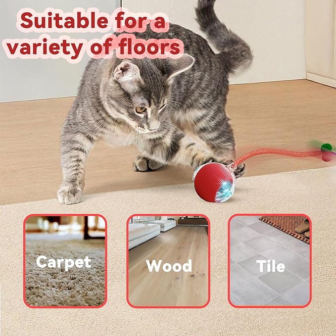 Interactive Cat Toys for Indoor Cats, Automatic Cat Toy with Elastic Mesh Tail, Electric Rolling Ball on Carpet, Chirping and Motion Activate Cat (Pink)