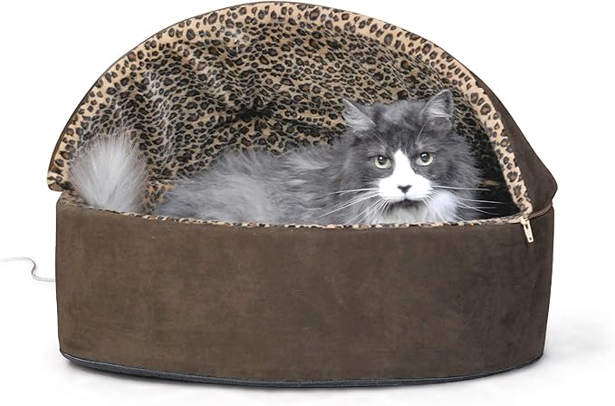 K&H Pet Products Thermo-Kitty Bed Deluxe Heated Cat Bed for Large Kitties - Indoor Heated Pet Bed for Dogs & Cats, Covered Cave Pet Tent, Machine Washable, Safety Listed - Large 20in Mocha/Leopard