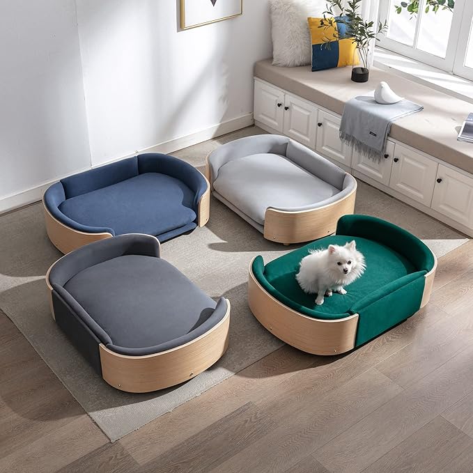 HomSof 38.58" Scandinavian Style Elevated Dog Cat Bed Pet Sofa with Solid Wood Legs and Bent Wood Back with Velvet Cushion,Large Size，Light Grey