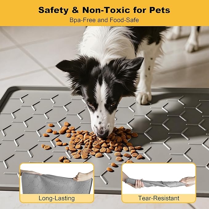 Pieviev Dog Cat Food Bowl Mat, Silicone Waterproof Food Grade Pet Food Mat for Floor, High Raised Edge to Prevent Spills, Non-Slip & Easy Clean Pet Placemat for Dog & Cat Bowls, 34''x22'', Light Gray