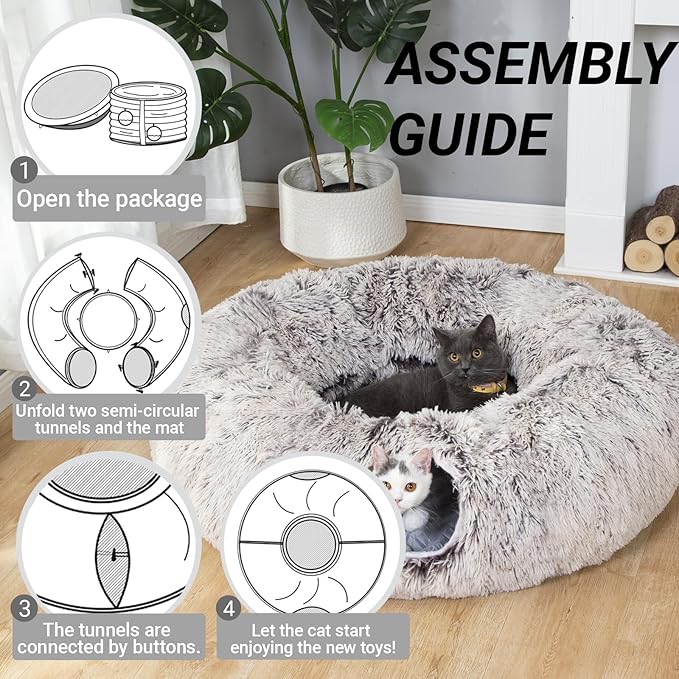 LUCKITTY Warm Fluffy Plush Cat Dog Tunnel Bed with Washable Cushion-Big Tube Playground Toys 3 FT Diameter Longer Crinkle Collapsible 3 Way, for Indoor Cat Kitty Kitten Puppy Rabbit Ferret Brown