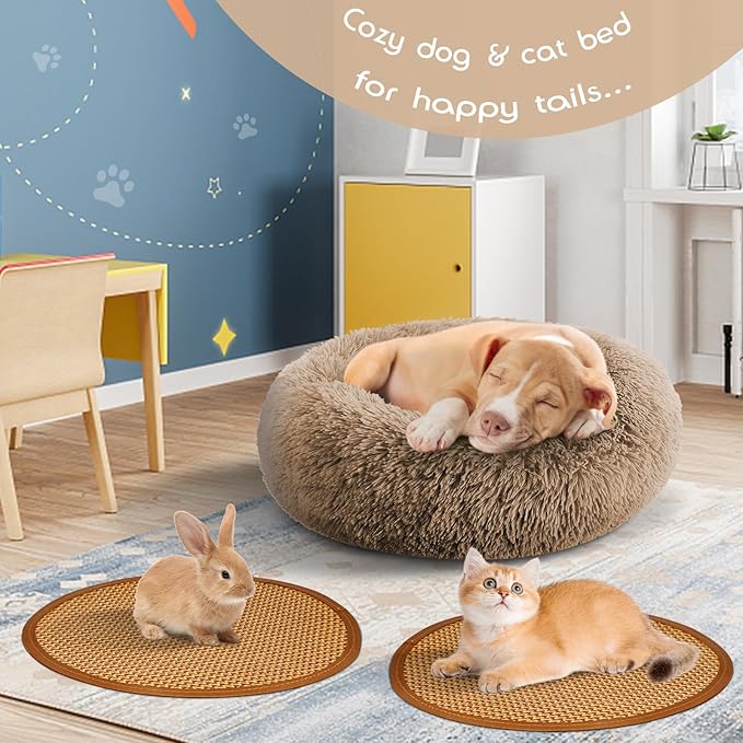 Calming Donut Dog Bed Medium Size Removable Cover + 2 PCS Cooling Rattan Pet Mat, Fluffy Comfort Anti-Anxiety Washable Round Pets Bed with Double-Sided Cool Pad for Medium Dogs/Cat, 31" Khaki