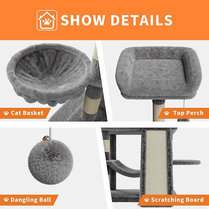 68.5 Inch Multi-Level Cat Tree, Plush Cat Tower with Condo/Sisal Scratching Posts/Hammocks/Basket/Dangling Ball/Platform, Heavy Duty Cats Tree to Play and Sleep, 2605#Light Grey
