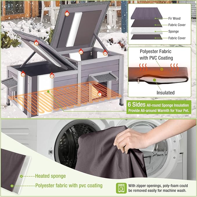 Gutinneen Heated Cat House Outdoor Feral Kitty Shelter with Insulated & Heated Liner Weatherproof Roof Cat Home for Winter,Roomly