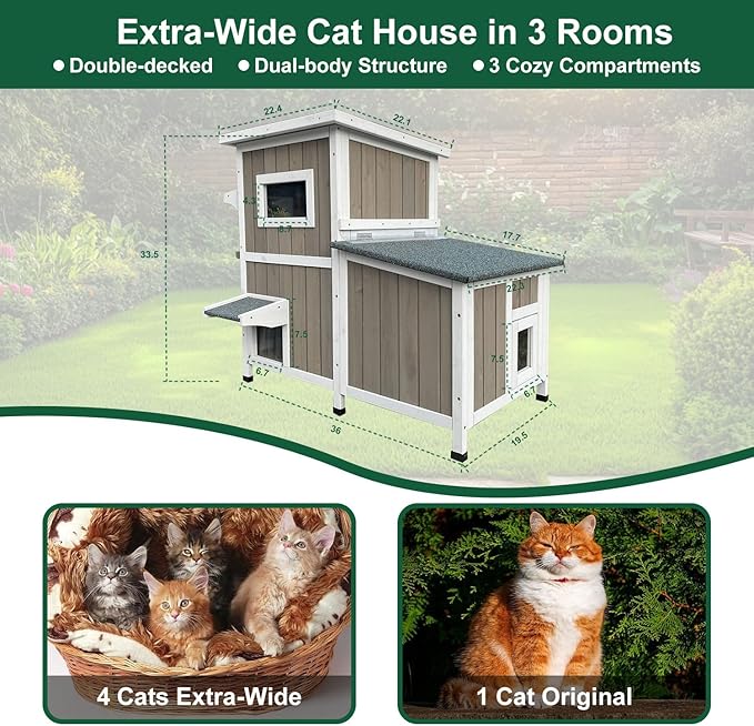 Outdoor Cat House Weatherproof, Two Story Wooden Cat House Outside Feral Shelter with 3 Escape Door, Cat Condo for Small Animals with Openable Asphalt Roof, Grey