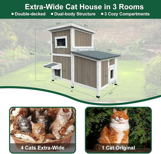 Outdoor Cat House Weatherproof, Two Story Wooden Cat House Outside Feral Shelter with 3 Escape Door, Cat Condo for Small Animals with Openable Asphalt Roof, Grey