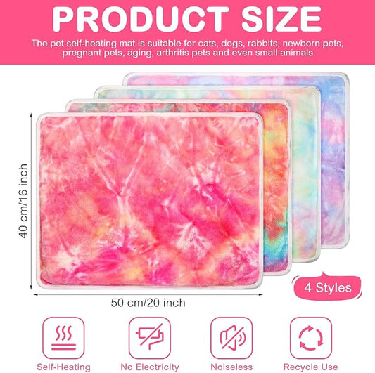 4 Pack Self Heating Cat Bed Cat Self Warming Pad with Removable Cover Extra Warm Thermal Pet Pad Washable Pet Crate Mat Anti Slip Kennel for Indoor Outdoor Pets(Tie Dye,16 x 20 Inches)