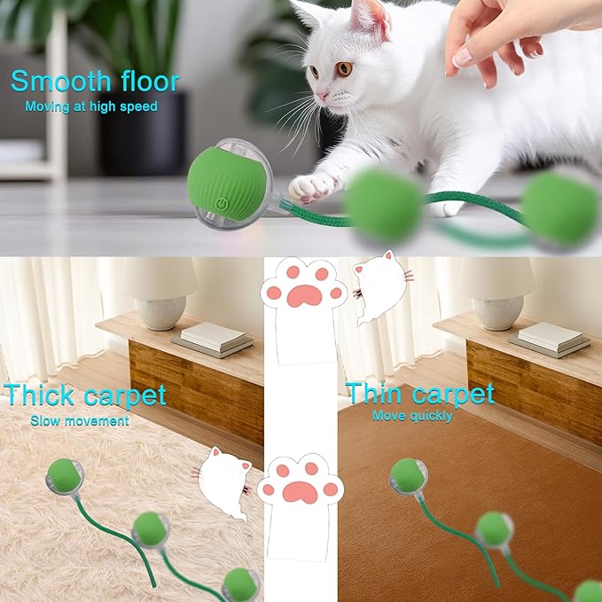 Interactive Cat Dog Toy Ball: Indoor Small Automatic Moving Smart Rolling Fun Pet Game with Led Light and String Tail for Motion Activated, Cute Kitten Puppy Present, Exercise Wheel Supplies (Green)