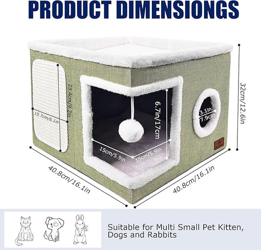 Cat Beds for Indoor Cats, Large Cat Cave Bed with Scratch Pad and Fluffy Ball, Foldable Cat Hideaway, Cat House with Reversible Cushion for Multi Small Pet Up to 30LBS, Green