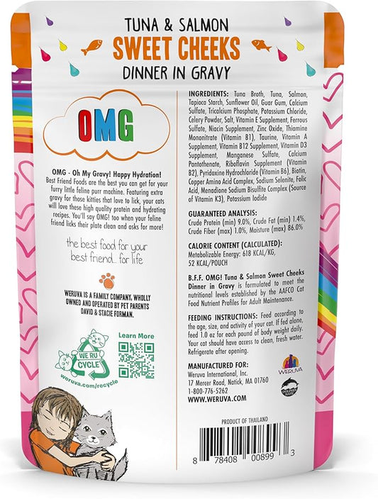 Weruva B.F.F. OMG - Best Feline Friend Oh My Gravy!, Tuna & Salmon Sweet Cheeks with Tuna & Salmon in Gravy Cat Food, 3oz Pouch (Pack of 12)