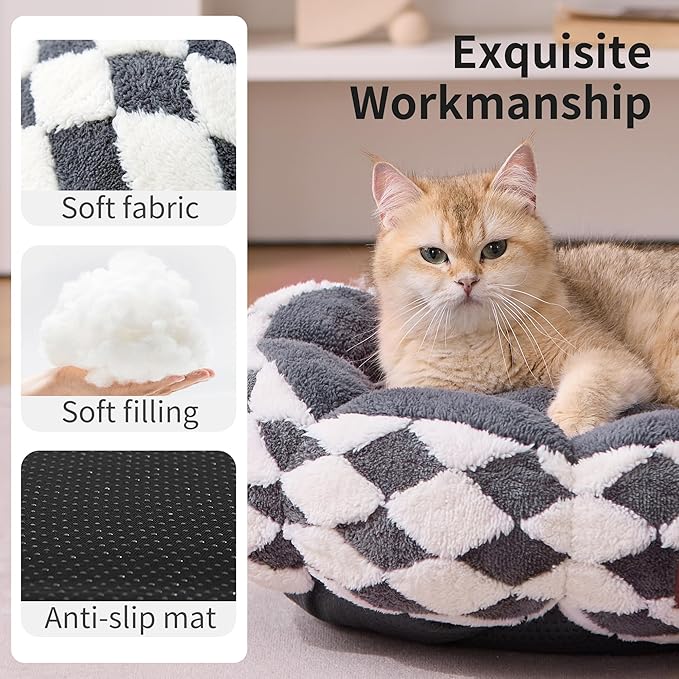 Cat Beds for Indoor Cats, Cute Donut Kitten Beds for Small Dog, Round Plush Bed for Puppy and Large Cats, Anti-Slip Bottom, Grey