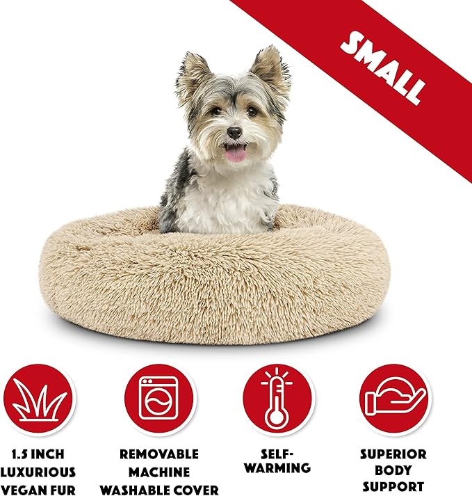 The Dog’s Bed Sound Sleep Donut Dog Bed, Small Beige Fur Calming Nest Bed, Veterinary Approved