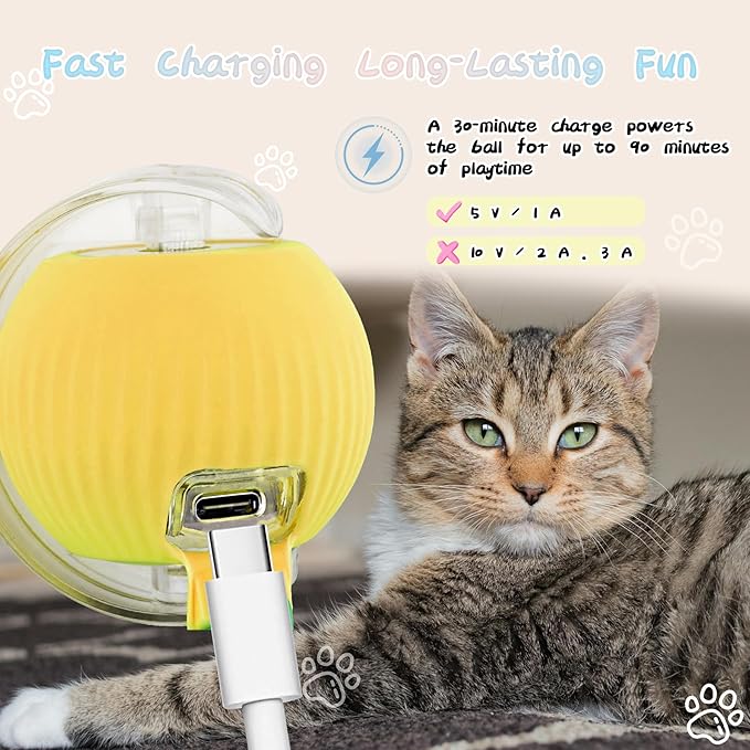 Automatic Rollie Cat Chase Ball Toy - Smart Interactive Pet Toy with 360° Rotating Motion, Rechargeable & Auto-Rolling Electric Ball for Indoor Cats/Dogs - Boredom Relief, Exercise (Yellow)