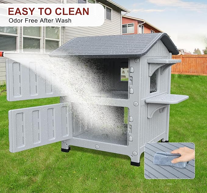 Rockever Luxury Plastic Outdoor Indoor Cat House with Escape Door, Waterproof 2 Story Outdoor Houses for Feral Cats Outside Cat Shelter, Spacious, Clean and Assemble Easily