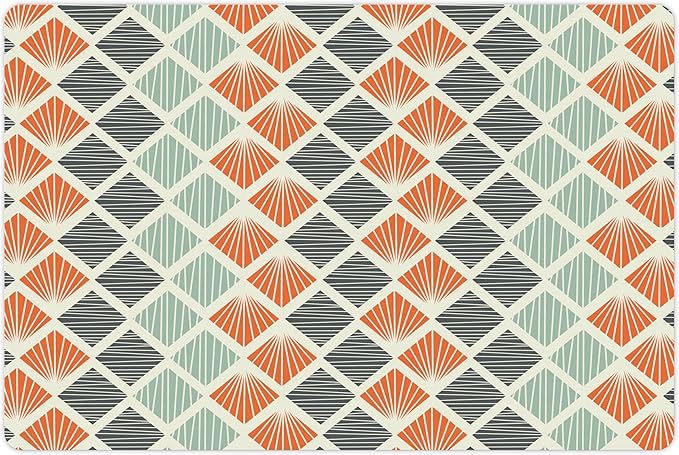 Lunarable Geometric Pet Mat for Food and Water, Pop Art Style Retro Rhombus Fractal Stripes Nostalgic Graphic Print, Non-Slip Rubber Mat for Dogs and Cats, 18" X 12", Green Orange