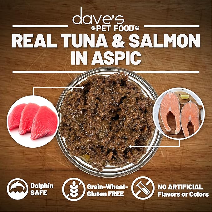 Dave's Pet Food Grain Free Wet Cat Food (Tuna & Salmon Dinner in Aspic), Naturally Healthy Canned, Added Vitamins & Minerals, 5.5 oz Cans (24 Pack