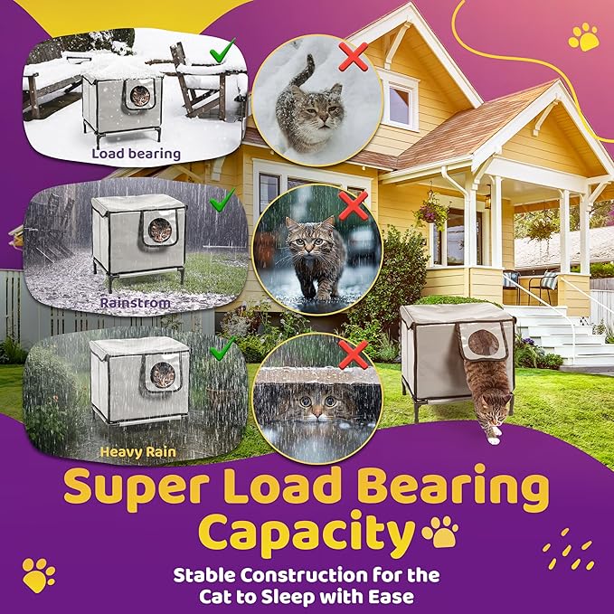 Indoor and Outdoor Cat House - Weatherproof Cat Shelter - Insulated - Elevated House with Plush Cushion - Waterproof Feral Cat House