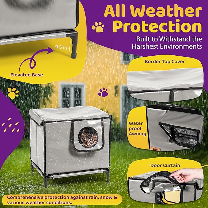 Indoor and Outdoor Cat House - Weatherproof Cat Shelter - Insulated - Elevated House with Plush Cushion - Waterproof Feral Cat House